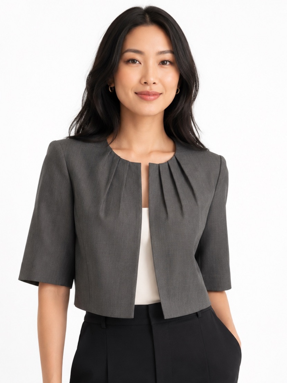 Calvin Klein Gray Cropped Jacket Blazer 3/4 Sleeve Open Front Workwear Office